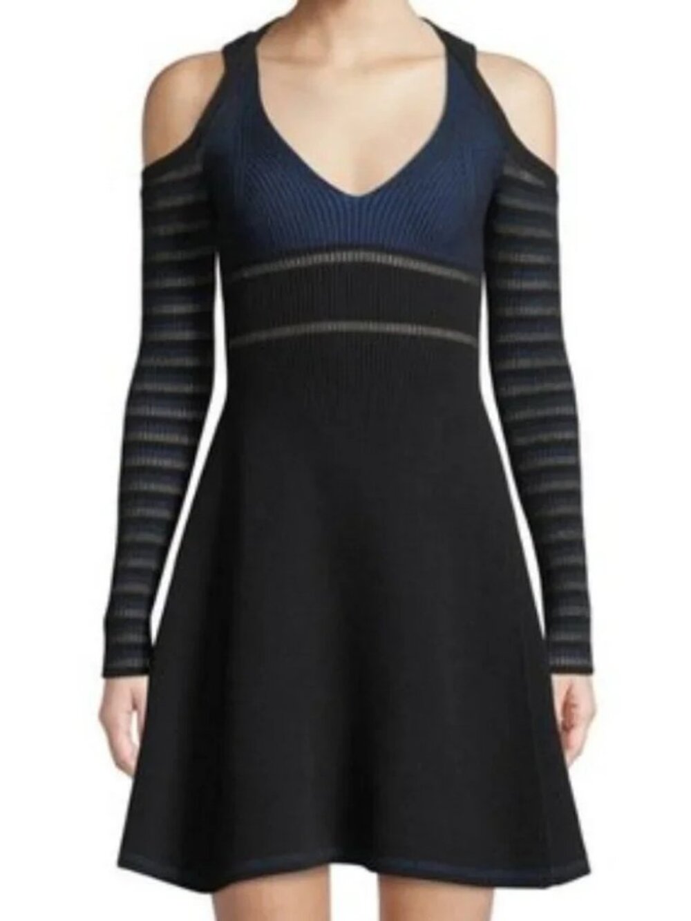 Opening Ceremony Striped Knit Fit And Flare Cold Shoulder Dress